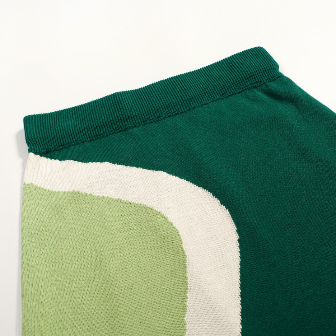 Conjunto de Vestido de Malha Verde Retro Feminino com Design Irregular em Blocos de Cor