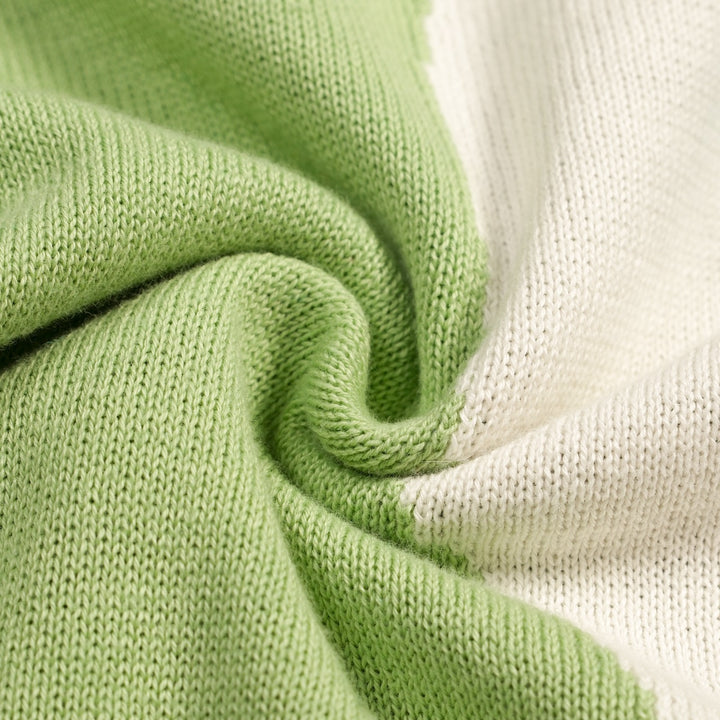 Conjunto de Vestido de Malha Verde Retro Feminino com Design Irregular em Blocos de Cor
