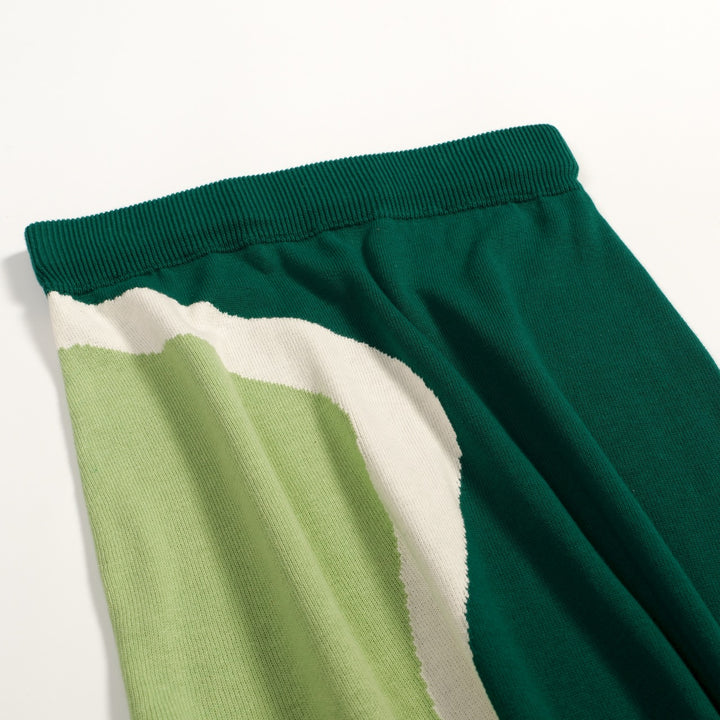 Conjunto de Vestido de Malha Verde Retro Feminino com Design Irregular em Blocos de Cor