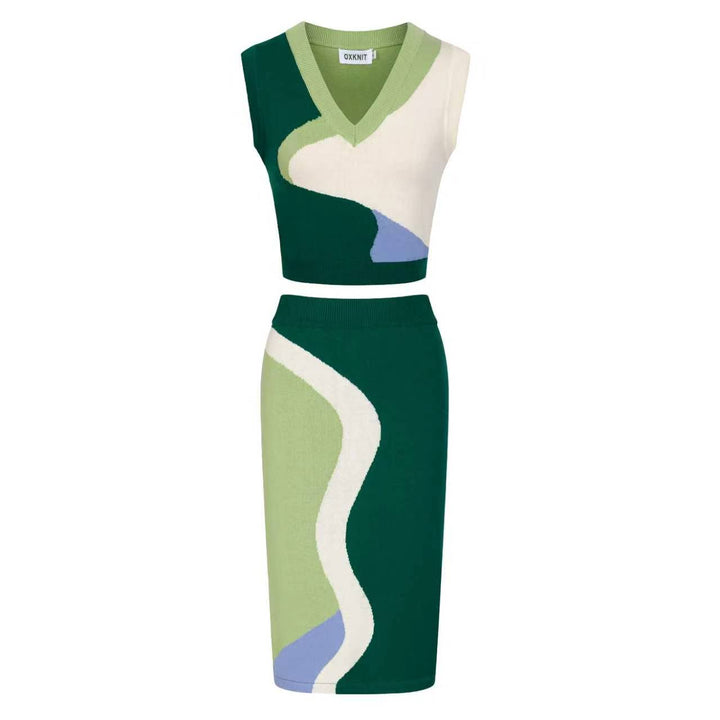 Conjunto de Vestido de Malha Verde Retro Feminino com Design Irregular em Blocos de Cor