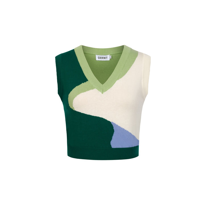 Conjunto de Vestido de Malha Verde Retro Feminino com Design Irregular em Blocos de Cor