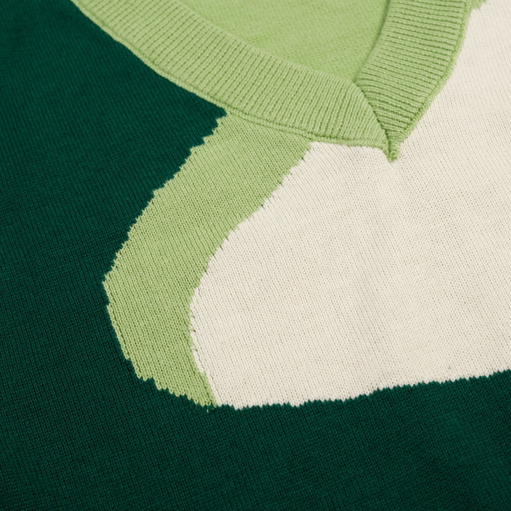 Conjunto de Vestido de Malha Verde Retro Feminino com Design Irregular em Blocos de Cor