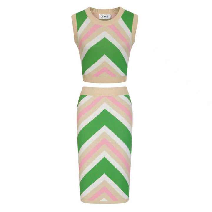 Conjunto de Vestido de Malha com Risca Diagonal e Blocos de Cor dos Anos 70 para Mulher