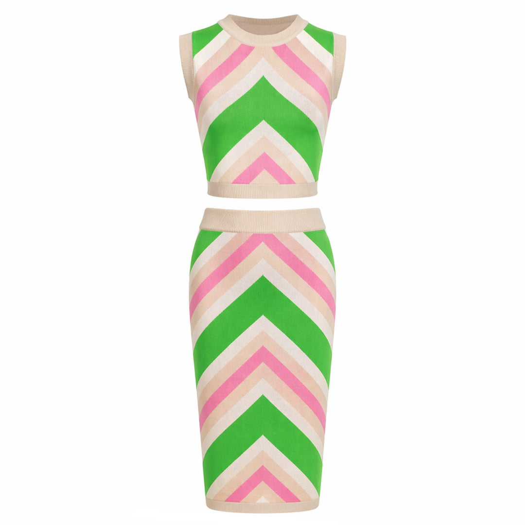 Women's 70s Color-Block Diagonal Stripe Knit Tank Dress Set OXKnit Women's 70s Color-Block Diagonal Stripe Knit Tank Dress Set OXKnit