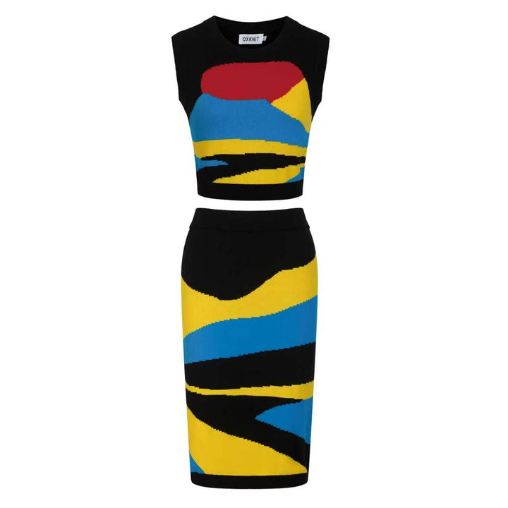 Conjunto de Vestido de Malha Preto Retro Ilustrado para Mulher