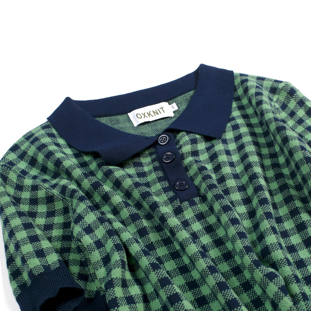 Conjunto de Vestido Polo Feminino Verde com Padrão Axadrezado Jacquard dos Anos 70