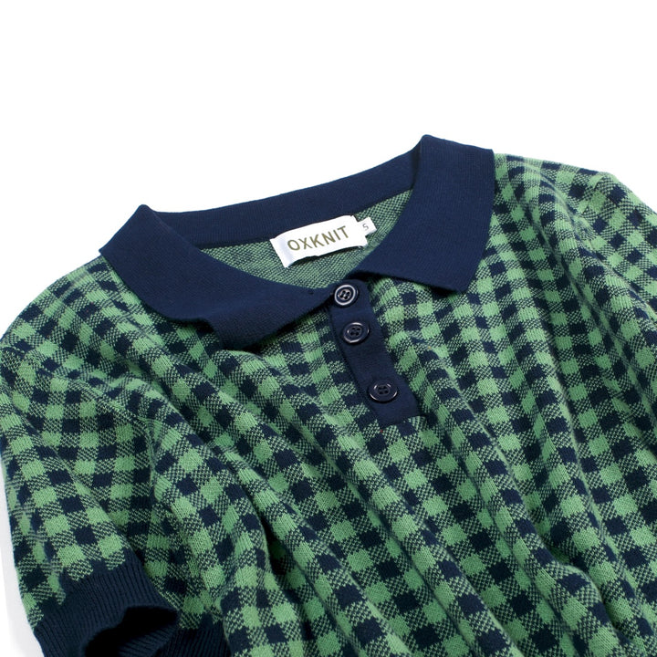 Conjunto de Vestido Polo Feminino Verde com Padrão Axadrezado Jacquard dos Anos 70