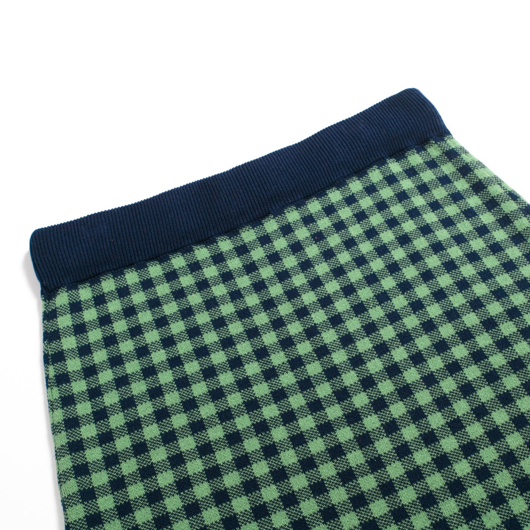 Conjunto de Vestido Polo Feminino Verde com Padrão Axadrezado Jacquard dos Anos 70