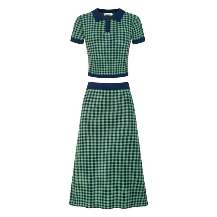 Conjunto de Vestido Polo Feminino Verde com Padrão Axadrezado Jacquard dos Anos 70