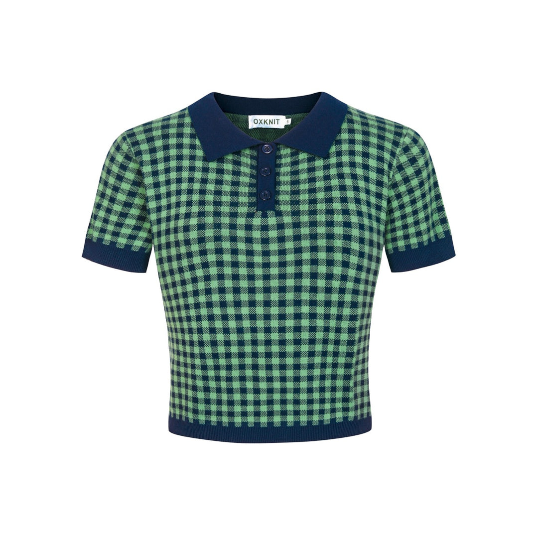Conjunto de Vestido Polo Feminino Verde com Padrão Axadrezado Jacquard dos Anos 70