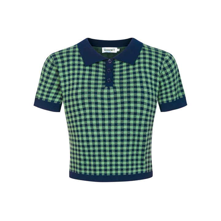Conjunto de Vestido Polo Feminino Verde com Padrão Axadrezado Jacquard dos Anos 70