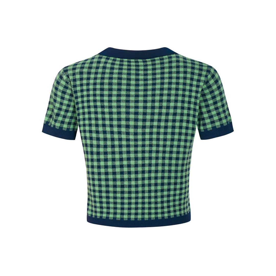 Conjunto de Vestido Polo Feminino Verde com Padrão Axadrezado Jacquard dos Anos 70
