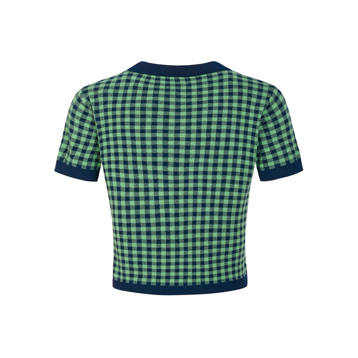 Conjunto de Vestido Polo Feminino Verde com Padrão Axadrezado Jacquard dos Anos 70