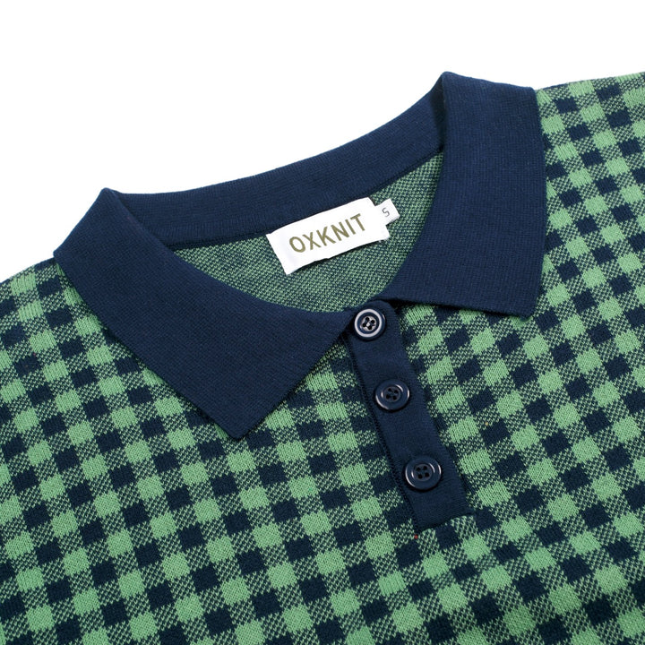 Conjunto de Vestido Polo Feminino Verde com Padrão Axadrezado Jacquard dos Anos 70