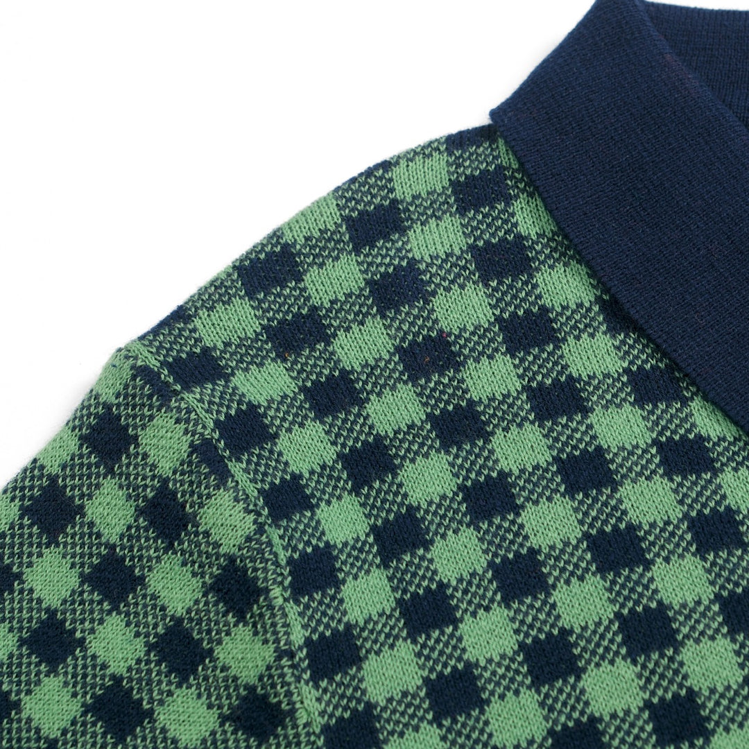 Conjunto de Vestido Polo Feminino Verde com Padrão Axadrezado Jacquard dos Anos 70