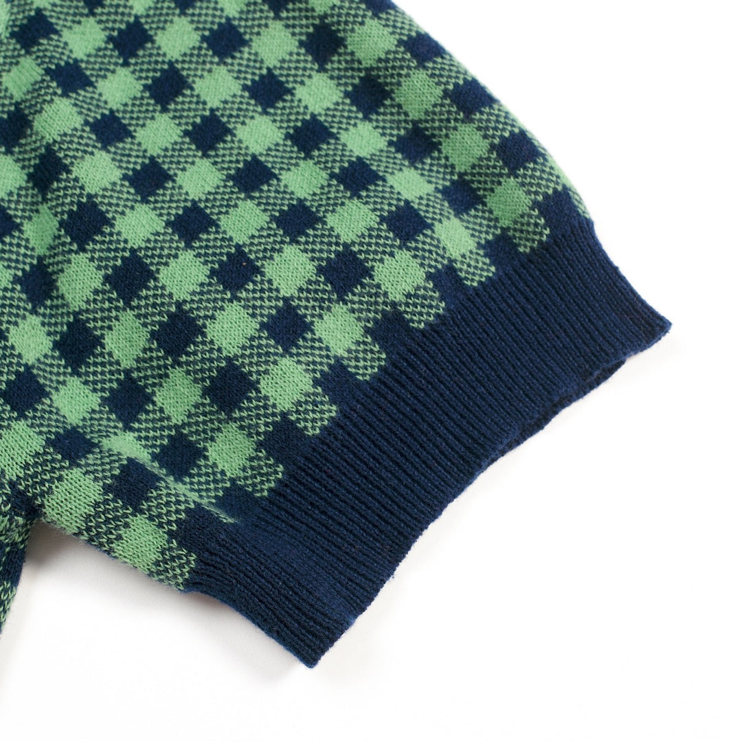 Conjunto de Vestido Polo Feminino Verde com Padrão Axadrezado Jacquard dos Anos 70