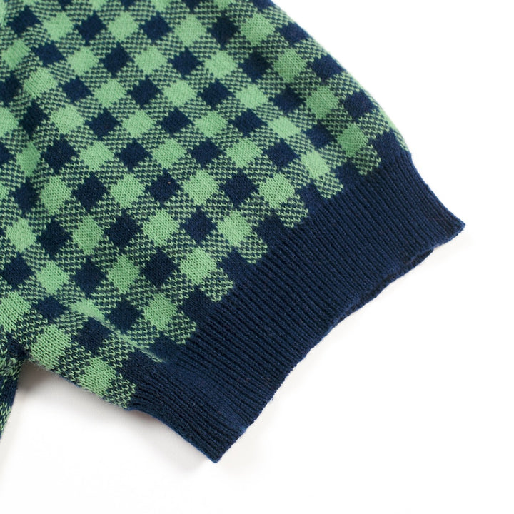 Conjunto de Vestido Polo Feminino Verde com Padrão Axadrezado Jacquard dos Anos 70