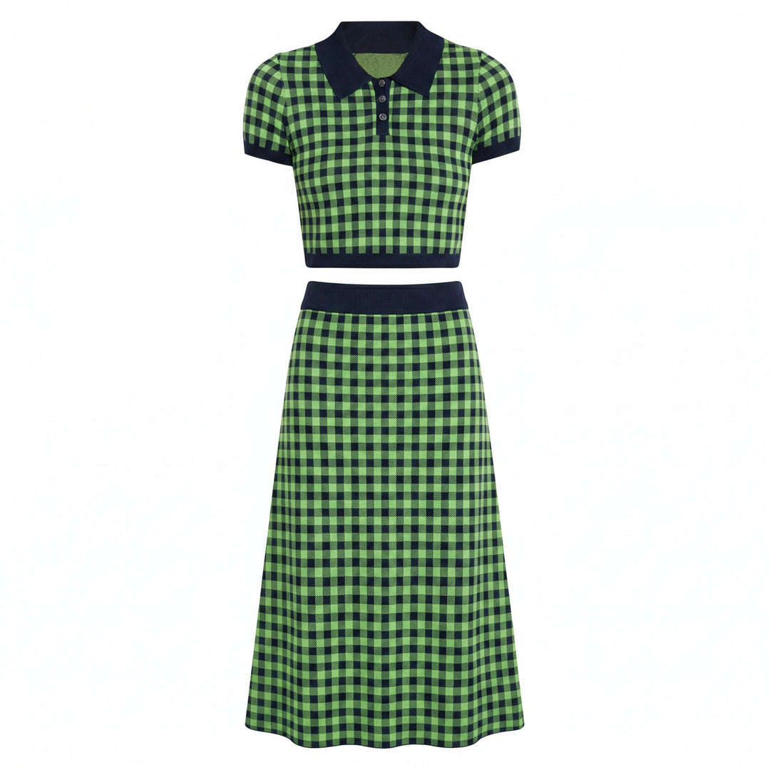 Women's Green 70s Checkered Jacquard Knit Polo Dress Set OXKnit Women's Green 70s Checkered Jacquard Knit Polo Dress Set OXKnit