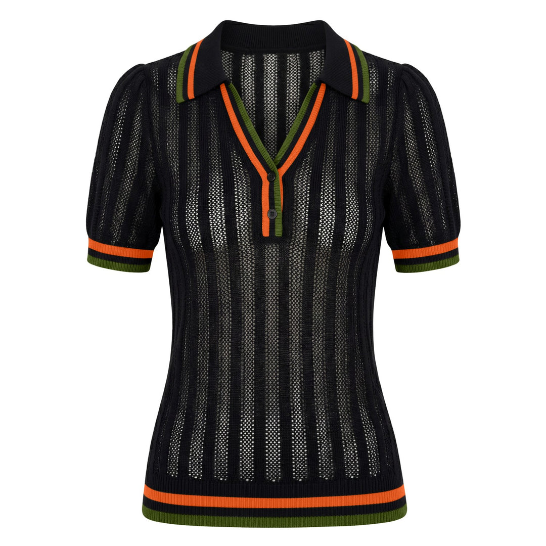 Svart fågelkonst Jacquard Stickad T-shirt för kvinnor