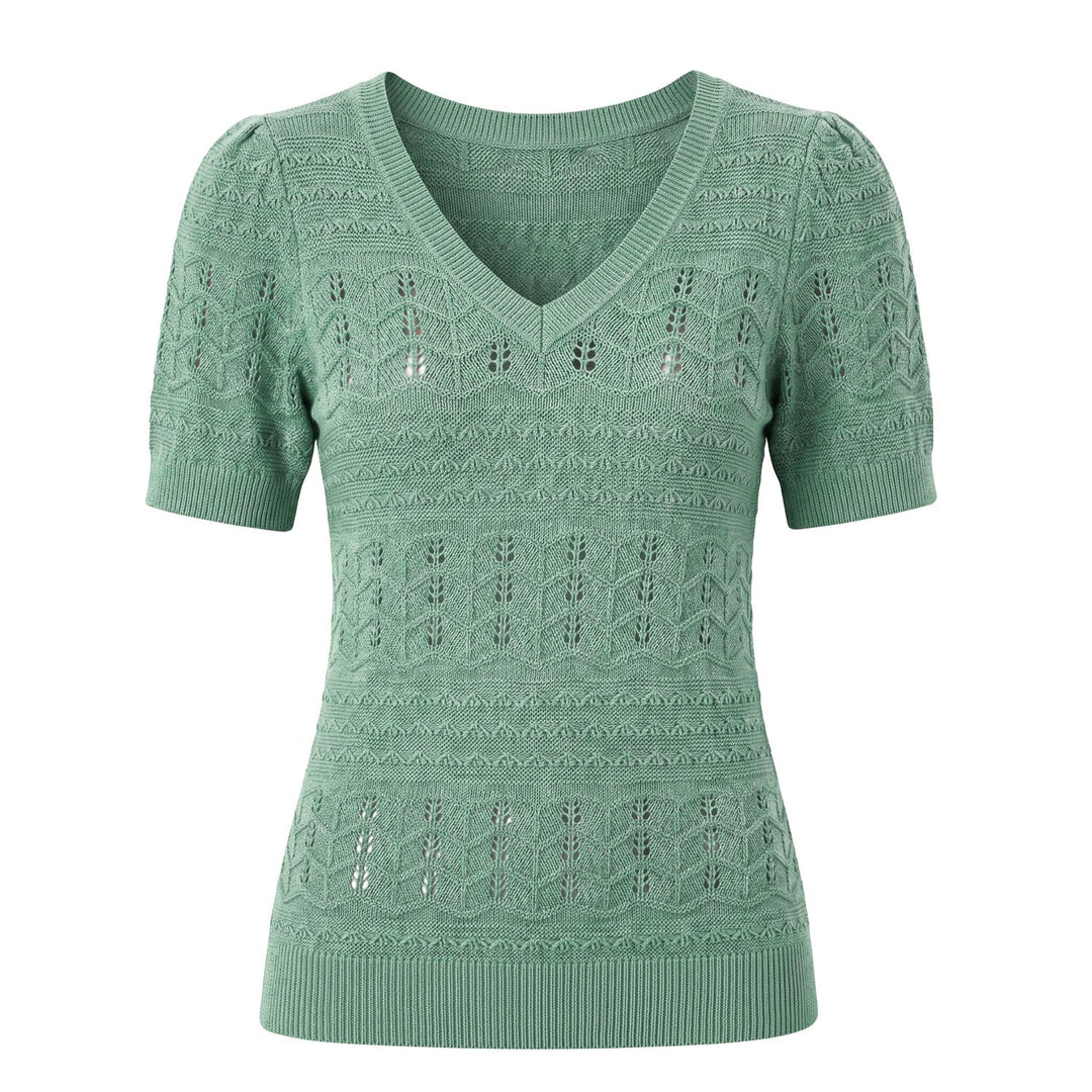 Dames Groene 60s Fijn Gebreid T-Shirt met Opengewerkt Patroon en V-Hals