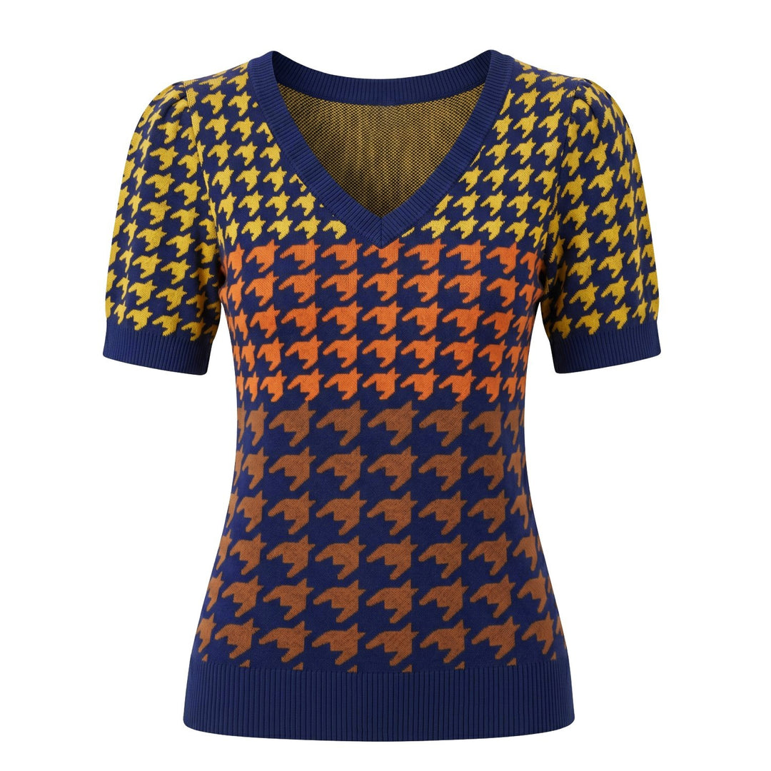 Dames Donkerblauwe 60s Houndstooth Jacquard V-hals Gebreid T-shirt