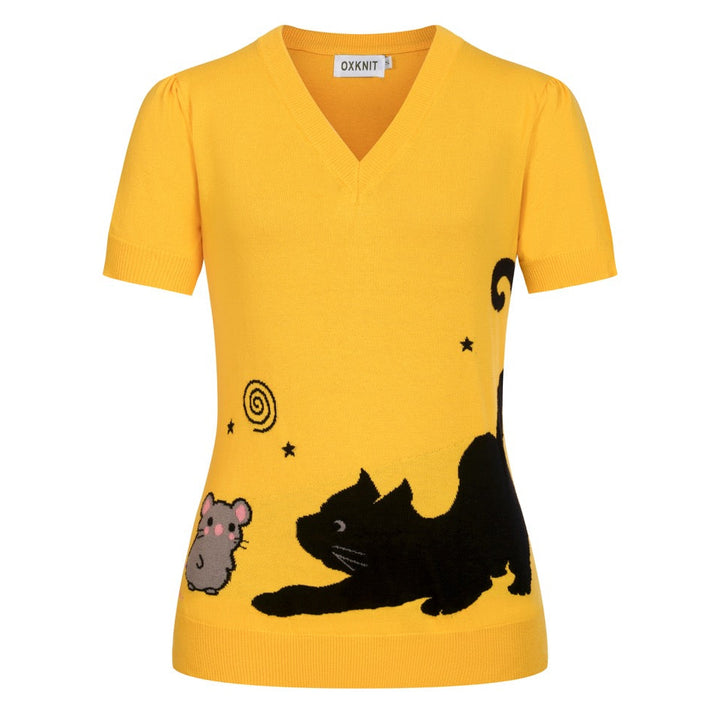 Maglietta da donna anni '70 gialla con gatto divertente, scollo a V, in maglia