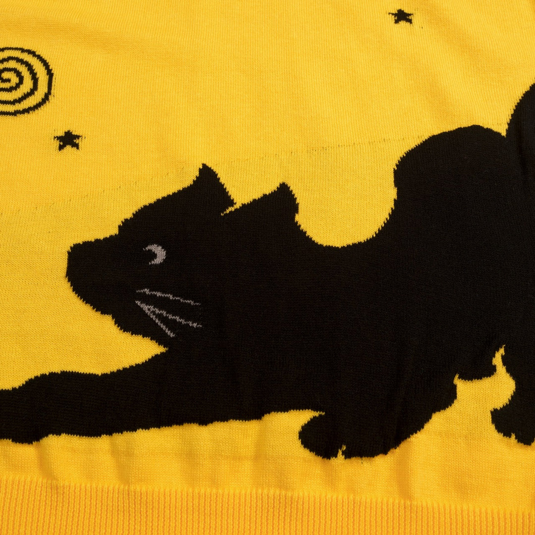 Maglietta da donna anni '70 gialla con gatto divertente, scollo a V, in maglia