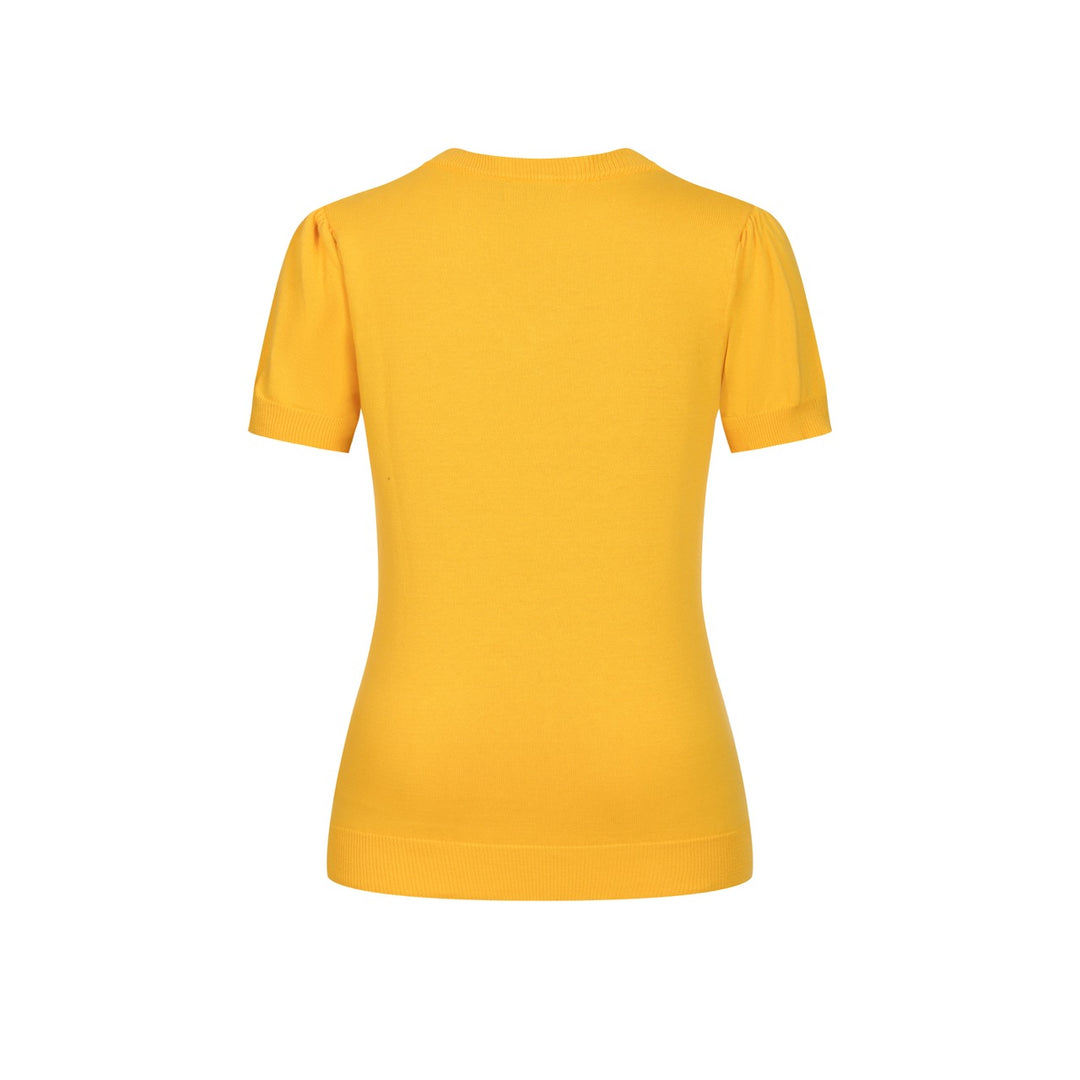 Maglietta da donna anni '70 gialla con gatto divertente, scollo a V, in maglia