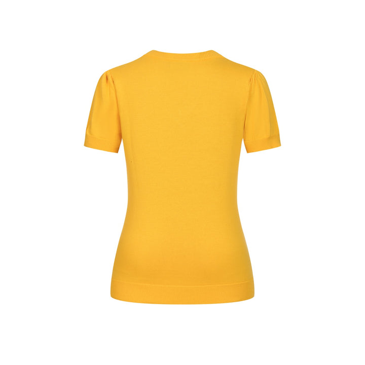 Maglietta da donna anni '70 gialla con gatto divertente, scollo a V, in maglia