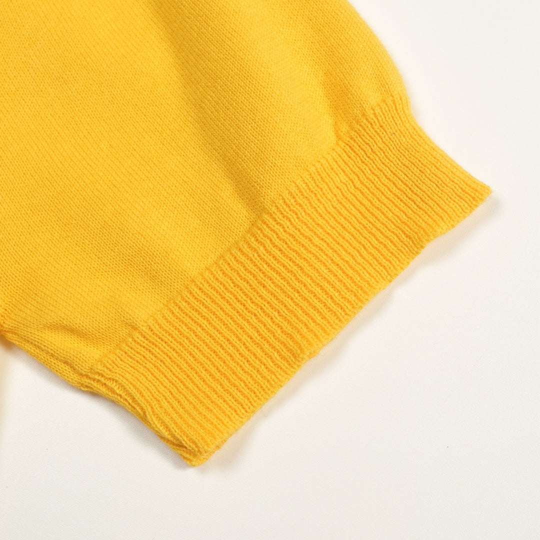 Maglietta da donna anni '70 gialla con gatto divertente, scollo a V, in maglia