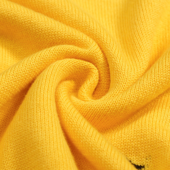 Maglietta da donna anni '70 gialla con gatto divertente, scollo a V, in maglia