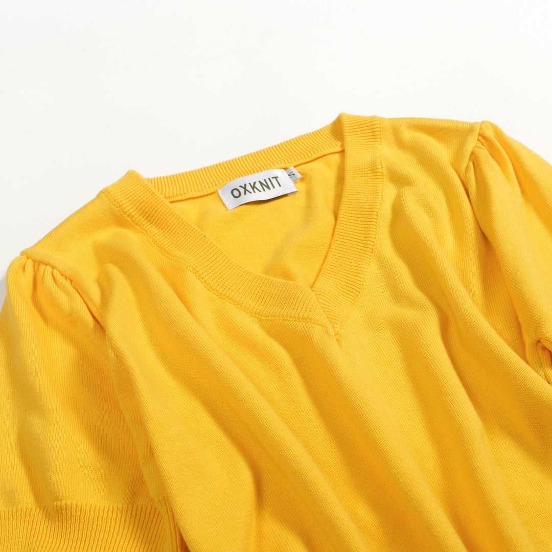 Maglietta da donna anni '70 gialla con gatto divertente, scollo a V, in maglia