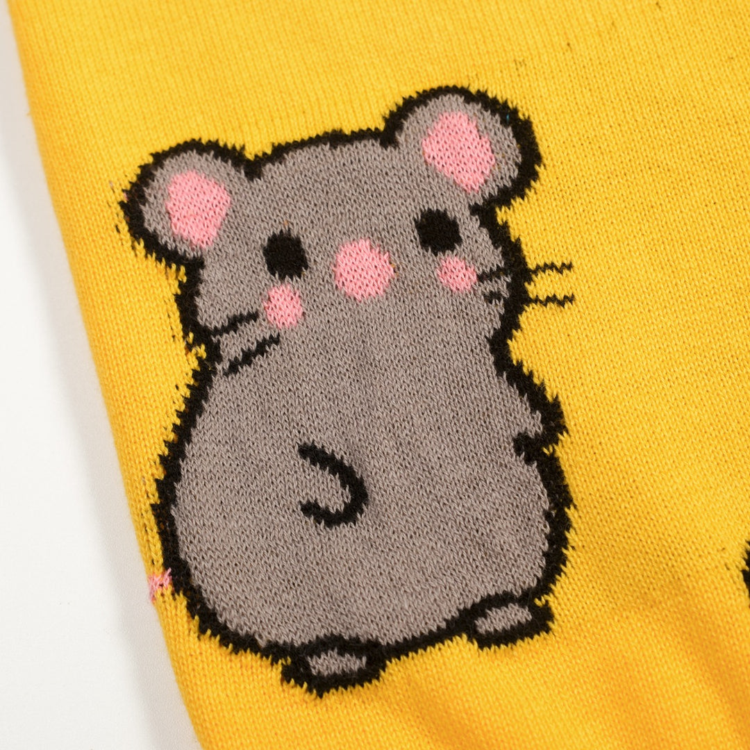 Maglietta da donna anni '70 gialla con gatto divertente, scollo a V, in maglia