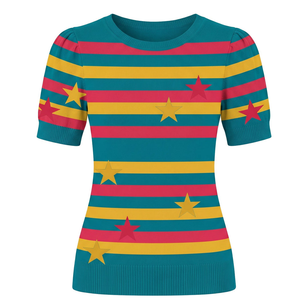 Svart fågelkonst Jacquard Stickad T-shirt för kvinnor
