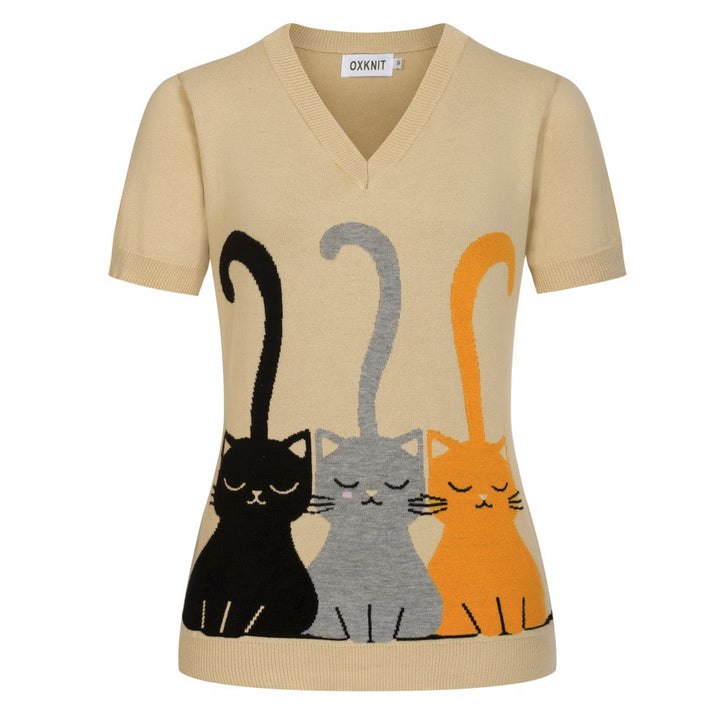 Maglietta a maglia scollo a V donna, color kaki chiaro, anni '70, con motivo jacquard di gatto carino