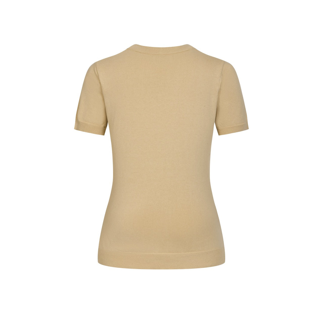 Maglietta a maglia scollo a V donna, color kaki chiaro, anni '70, con motivo jacquard di gatto carino