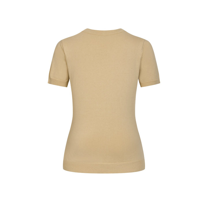 Maglietta a maglia scollo a V donna, color kaki chiaro, anni '70, con motivo jacquard di gatto carino