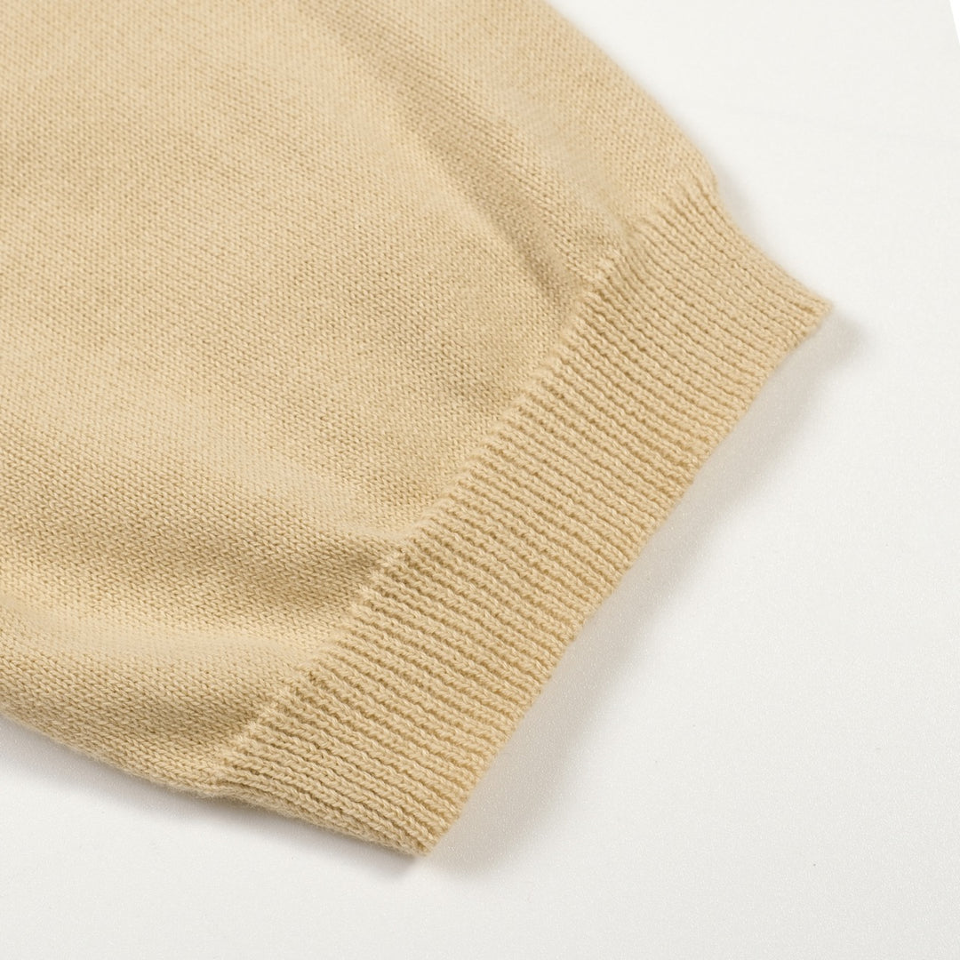 Maglietta a maglia scollo a V donna, color kaki chiaro, anni '70, con motivo jacquard di gatto carino