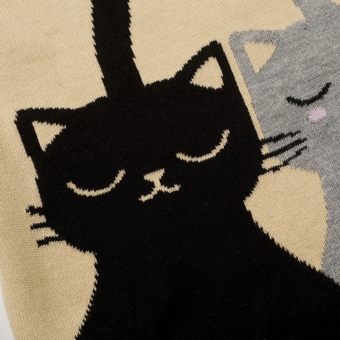 Maglietta a maglia scollo a V donna, color kaki chiaro, anni '70, con motivo jacquard di gatto carino