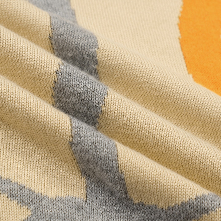 Maglietta a maglia scollo a V donna, color kaki chiaro, anni '70, con motivo jacquard di gatto carino