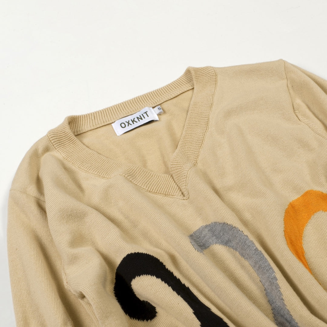 Maglietta a maglia scollo a V donna, color kaki chiaro, anni '70, con motivo jacquard di gatto carino