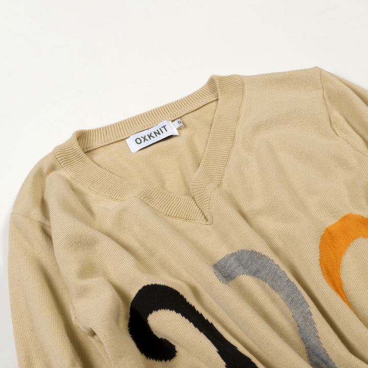 Maglietta a maglia scollo a V donna, color kaki chiaro, anni '70, con motivo jacquard di gatto carino