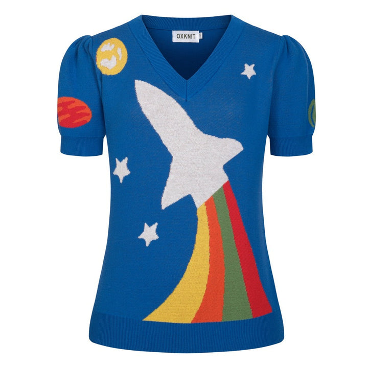 Women's Blue Retro Space Dream Art V-neck Knit T-Shirt