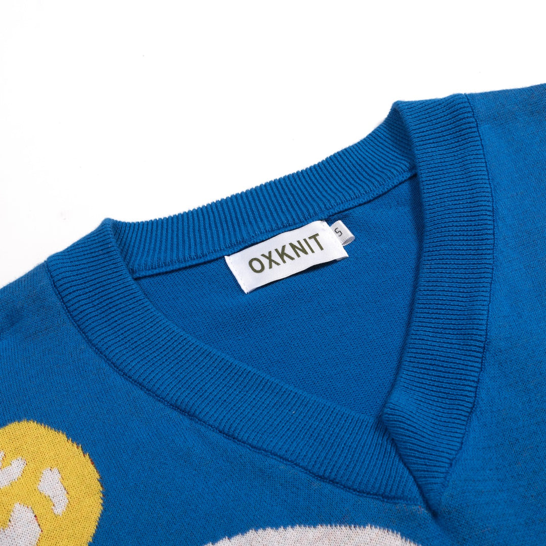 Women's Blue Retro Space Dream Art V-neck Knit T-Shirt