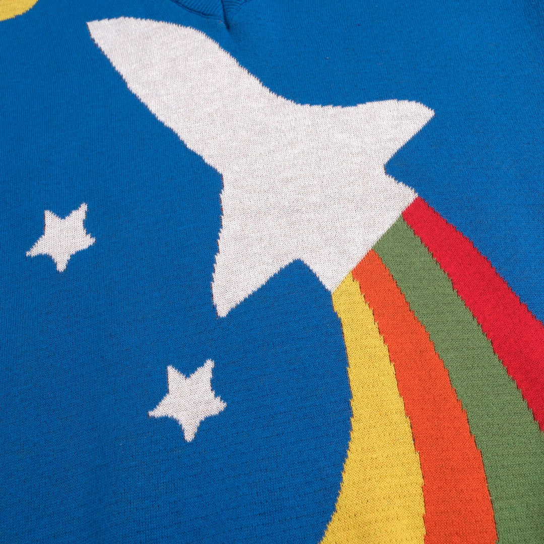 Women's Blue Retro Space Dream Art V-neck Knit T-Shirt