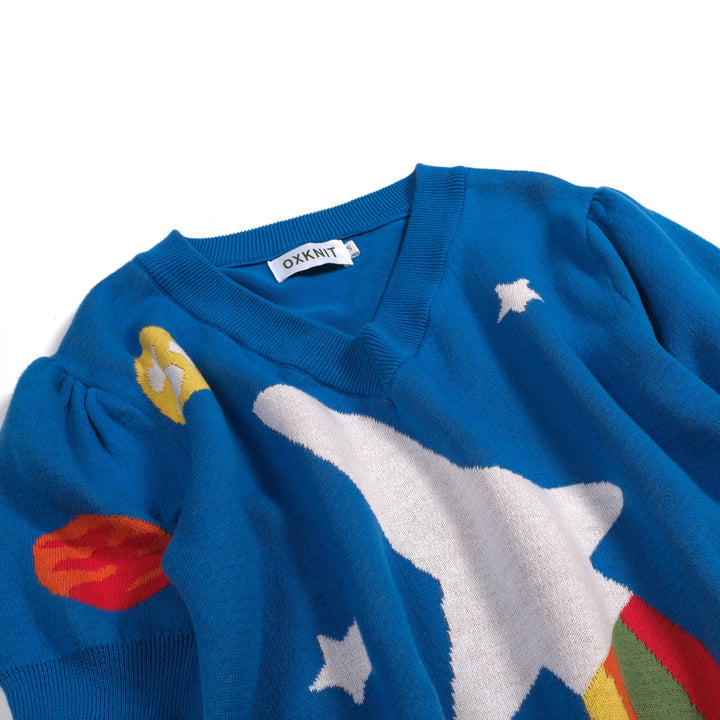 Women's Blue Retro Space Dream Art V-neck Knit T-Shirt