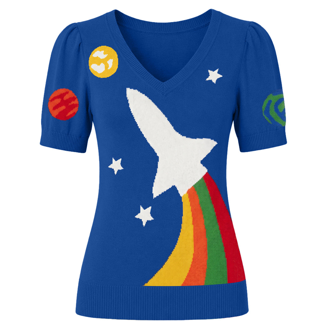 Dames Blauwe Retro Space Dream Art V-hals Gebreid T-shirt