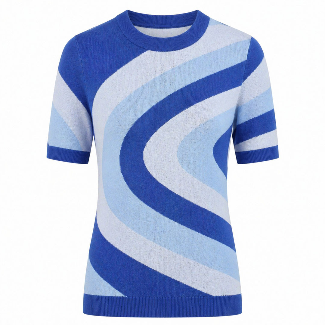 Dames Blauwe Psychedelische Retro Stijl Ronde Hals Gebreid T-Shirt