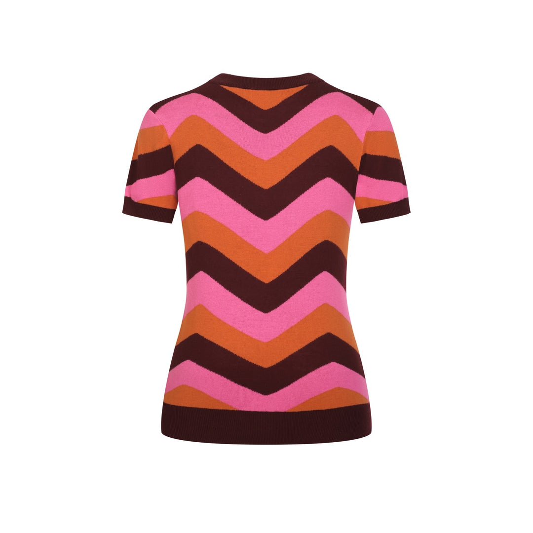 Maglietta da donna rosa anni '70 a blocchi di colore con motivo geometrico pop art