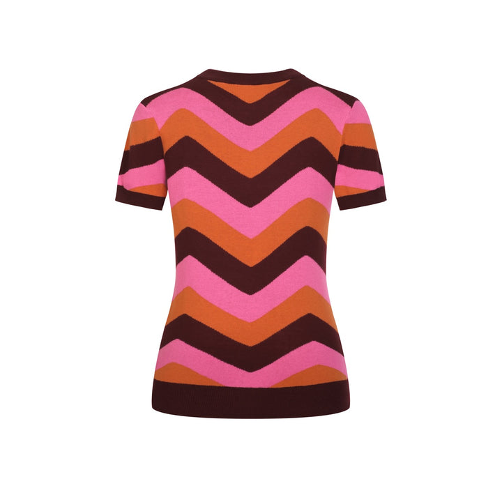 Maglietta da donna rosa anni '70 a blocchi di colore con motivo geometrico pop art